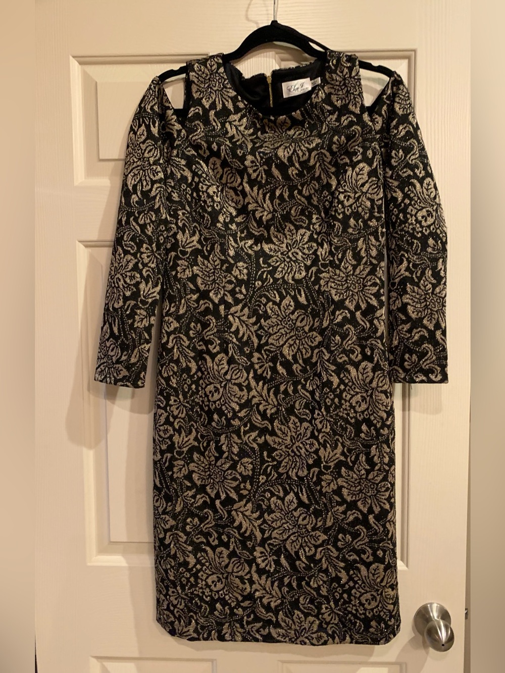 Metallic Black & Gold Floral Cold-Shoulder Sheath Dress